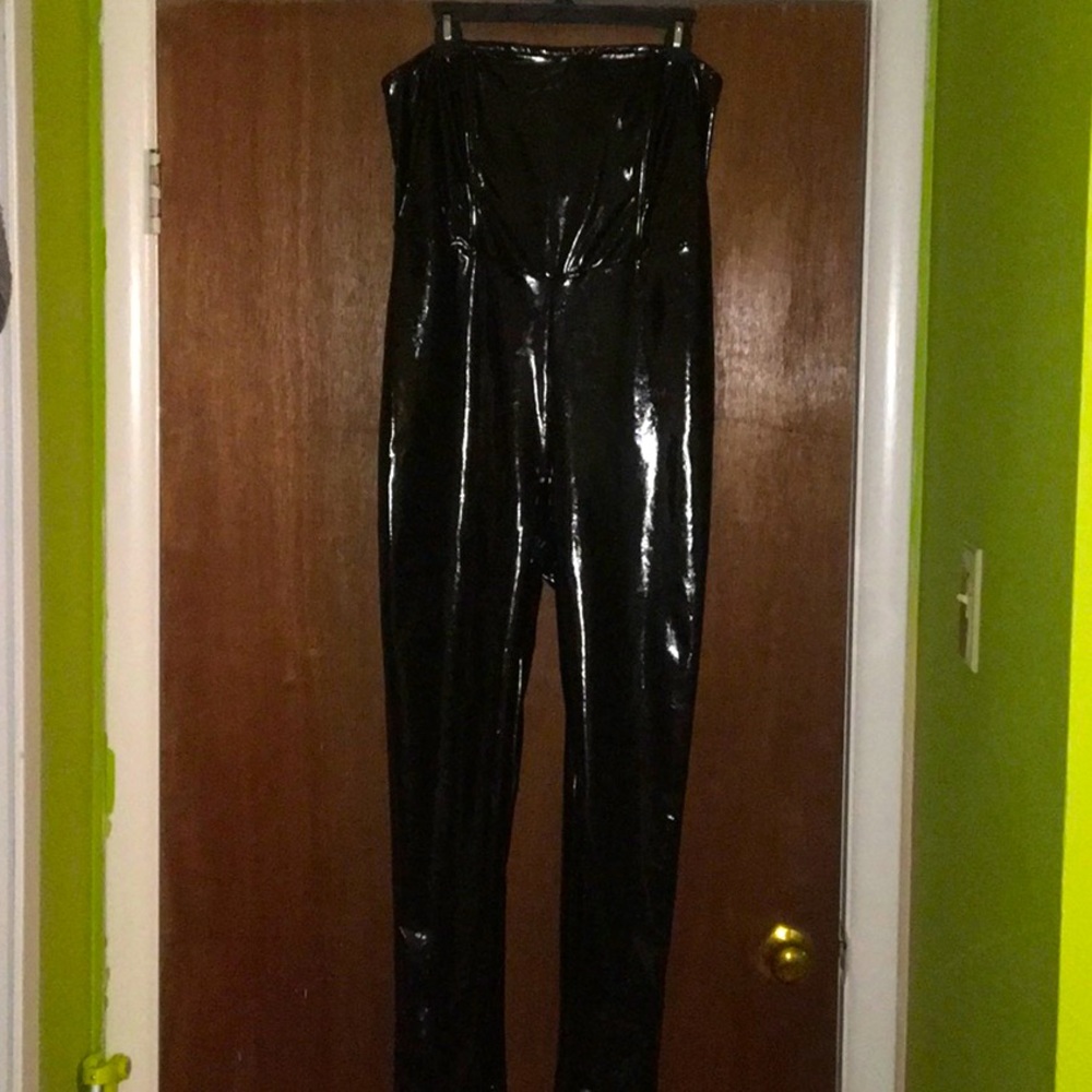 Black Strapless Patent Vinyl Catsuit Sz L